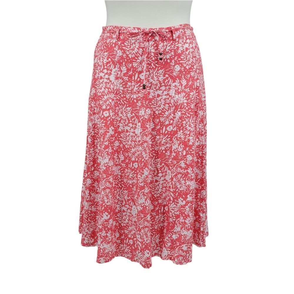Liz Claiborne Linen Maxi Skirt Pink Coral White Abstract Floral Spring Feminine